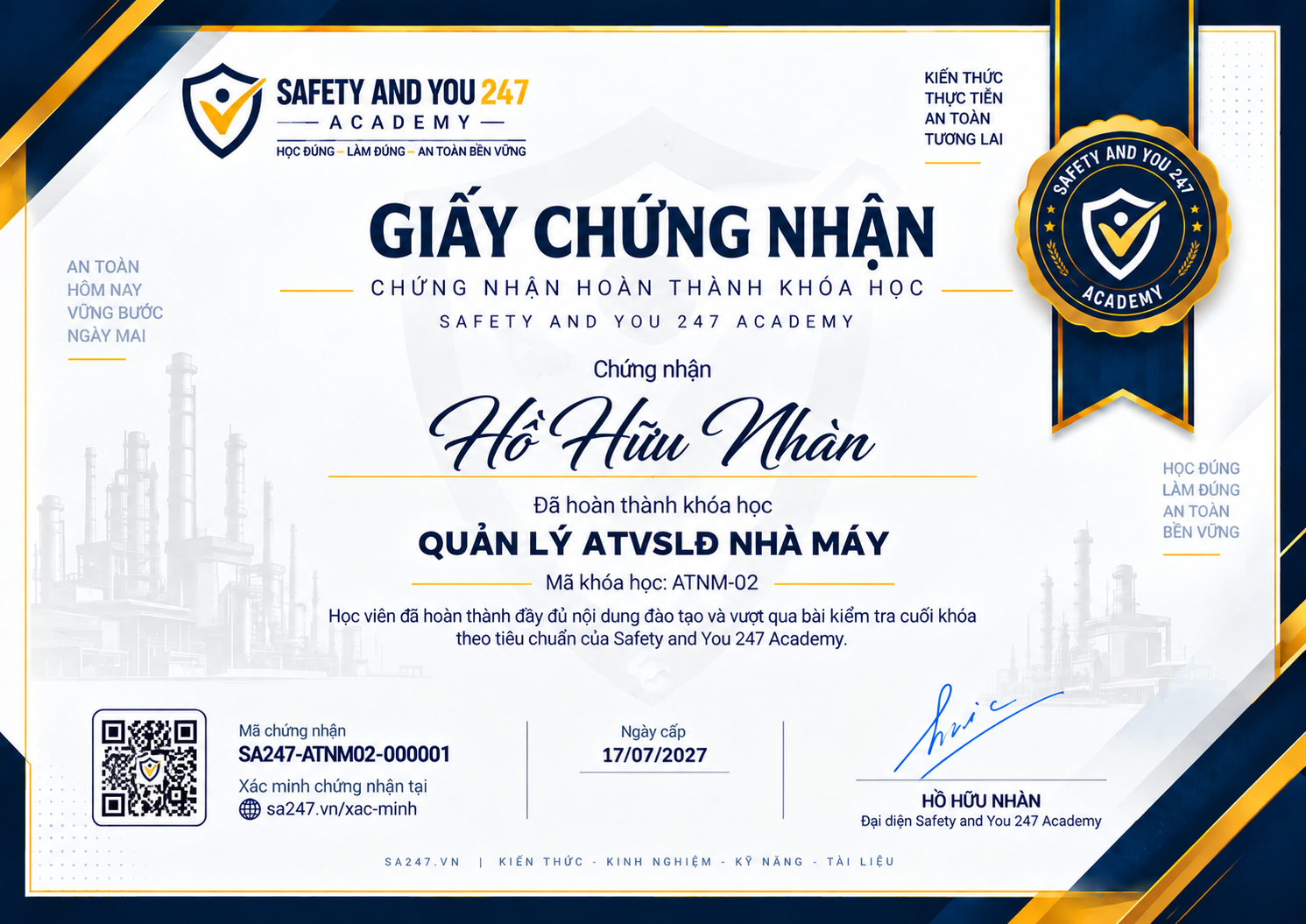 Form mẫu giấy chứng nhận khóa học ATNM-02 — Quản lý ATVSLĐ nhà máy