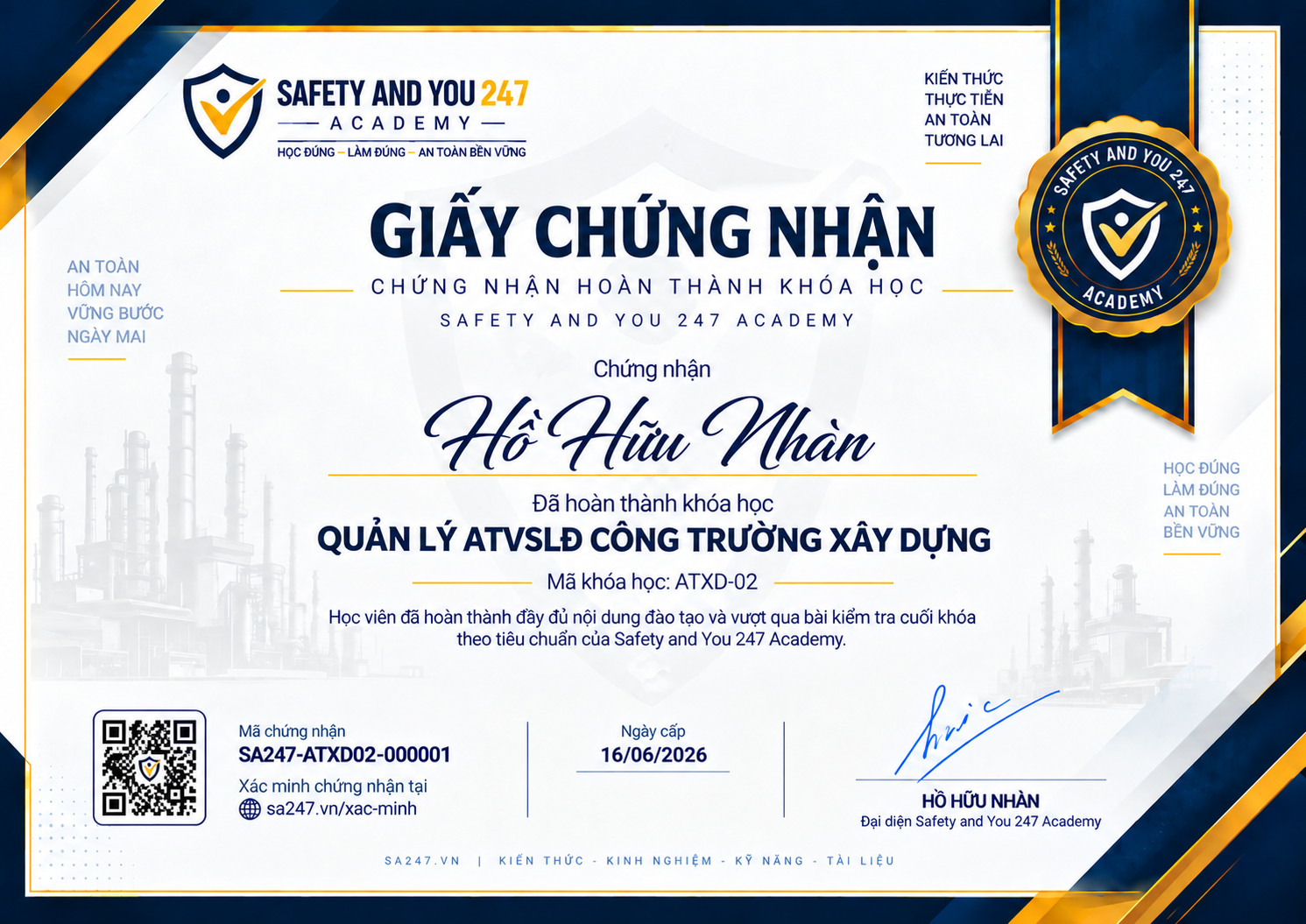 Form mẫu giấy chứng nhận khóa học ATXD-02 — Quản lý ATVSLĐ công trường xây dựng