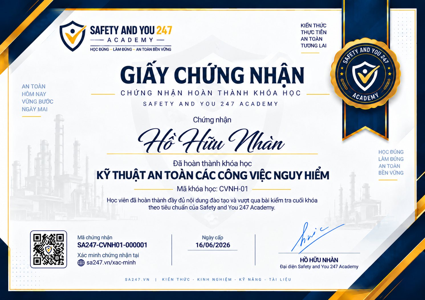 Form mẫu giấy chứng nhận khóa học CVNH-01 — Kỹ thuật an toàn các công việc nguy hiểm