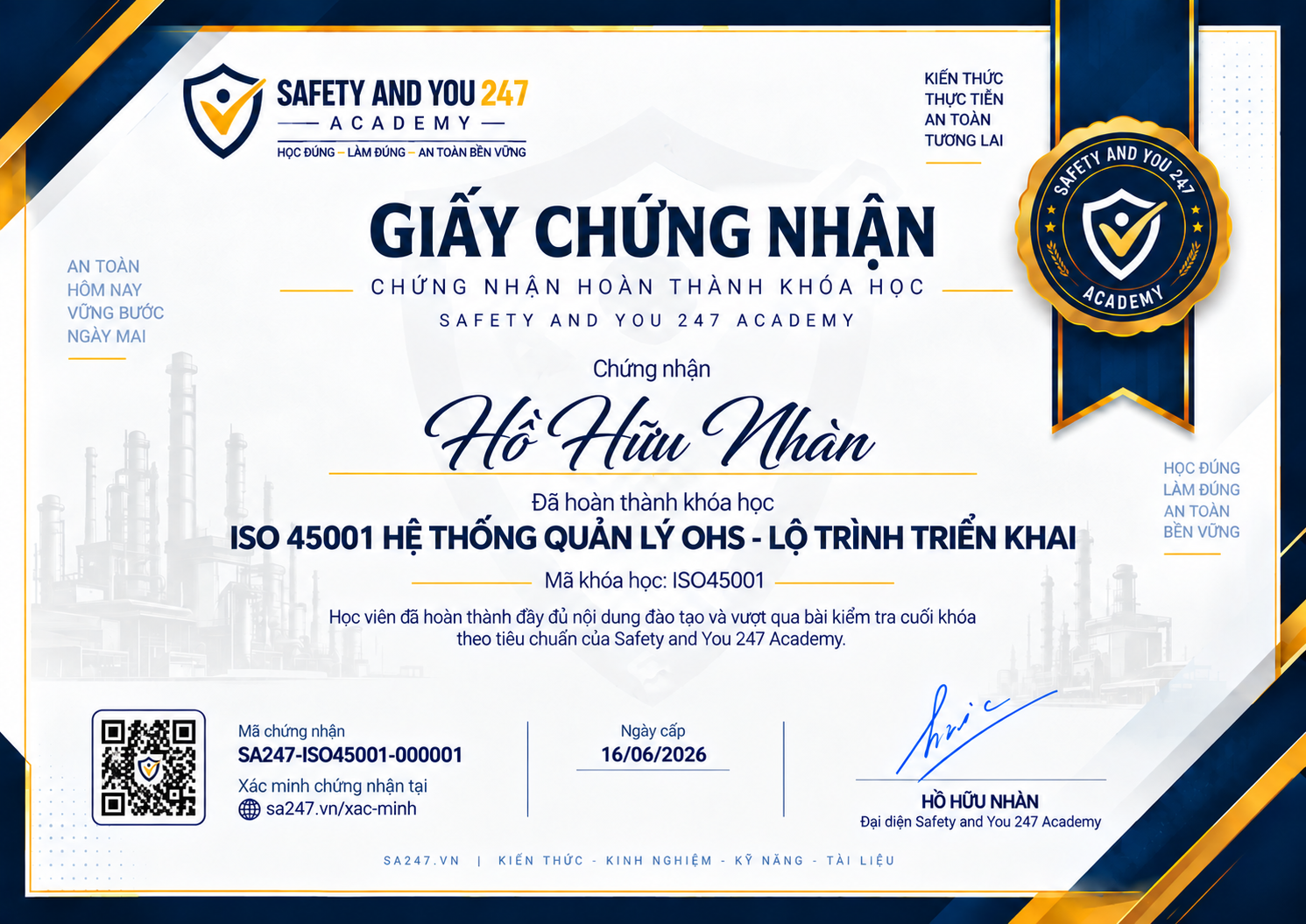 Form mẫu giấy chứng nhận khóa học ISO45001 — ISO 45001 hệ thống quản lý OHS — lộ trình triển khai