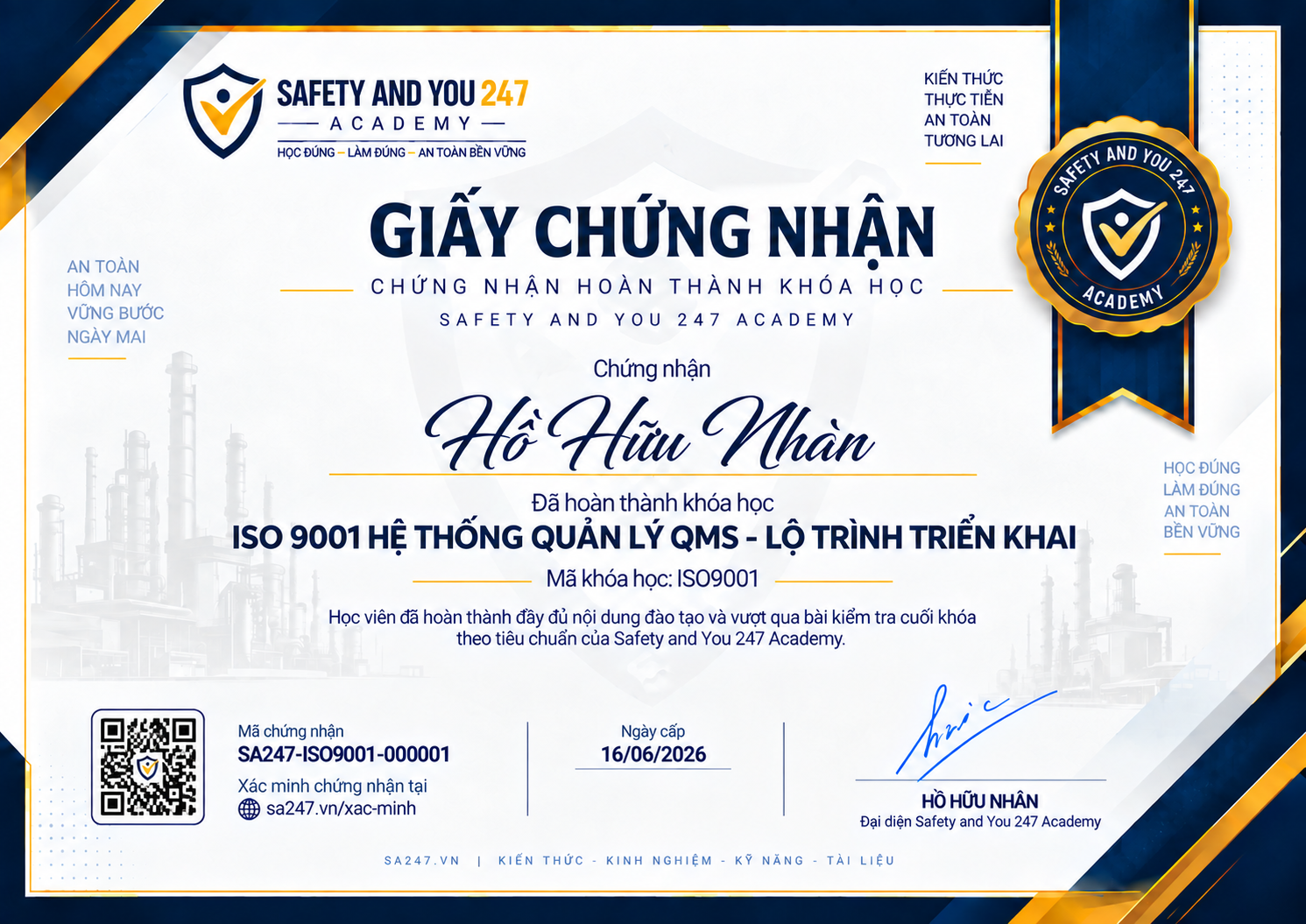 Form mẫu giấy chứng nhận khóa học ISO9001 — ISO 9001 hệ thống quản lý QMS — lộ trình triển khai