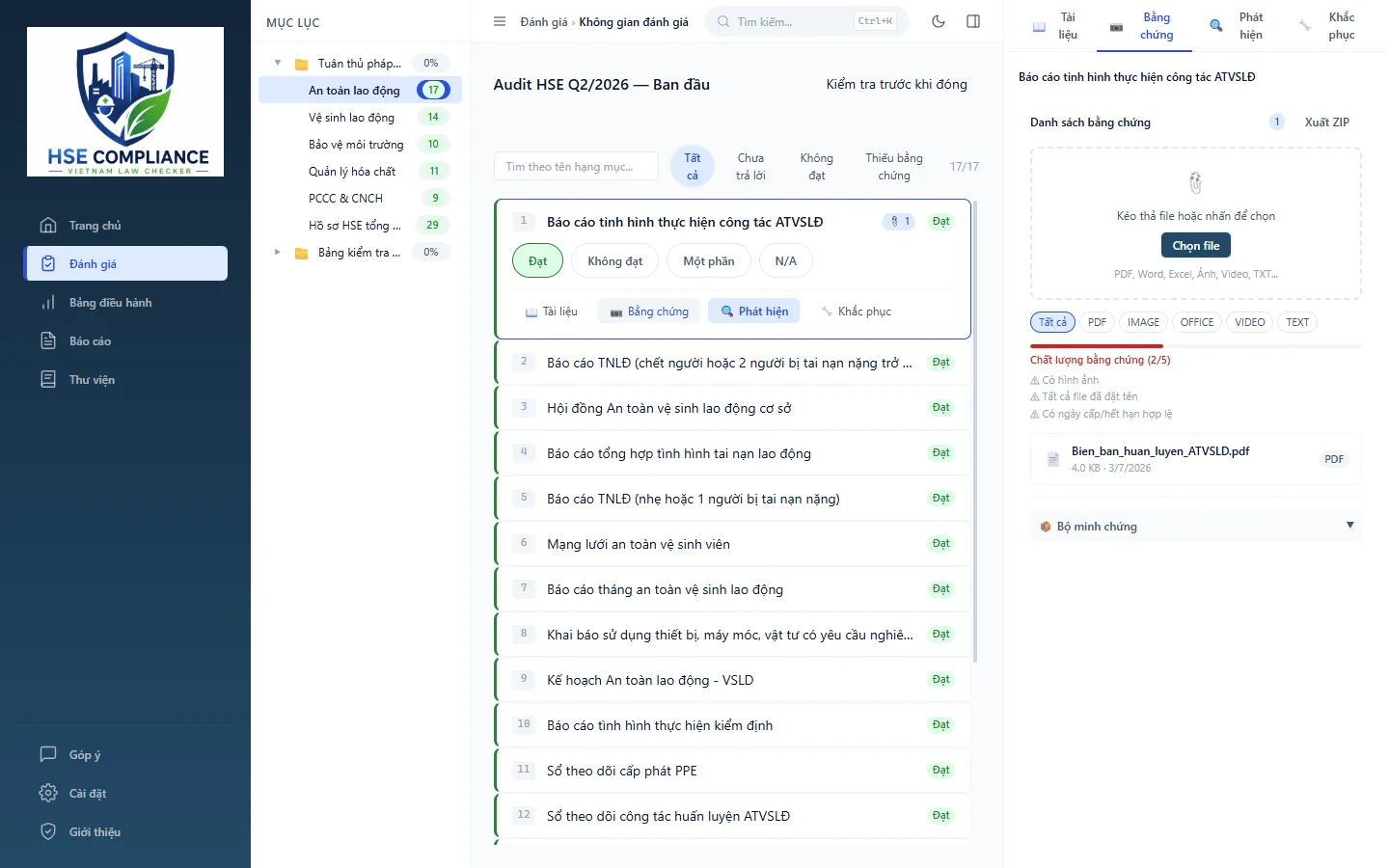 Bảng Bằng chứng của một hạng mục: kéo thả file, lọc theo loại file, chỉ báo chất lượng bằng chứng và danh sách file đã đính kèm